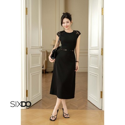 Đầm lụa đen phối ren vai dáng xòe SIXDO (Black Silk Flared Dress)