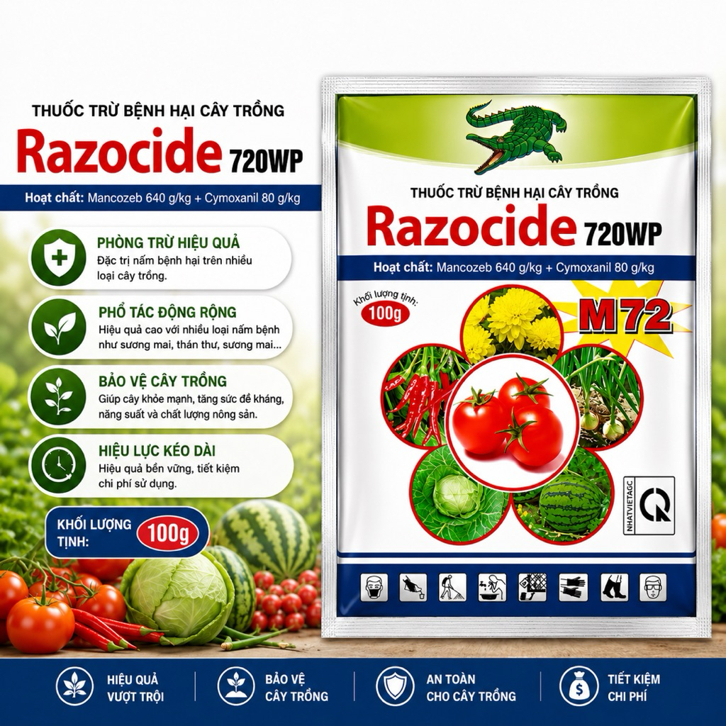 Phân Bón Razocide 720WP Gói 100g Bảo Vệ Cây Trồng Khỏi Cháy Lá, Đốm Lá, Vàng Lá, Sương Mai, Thán Thư