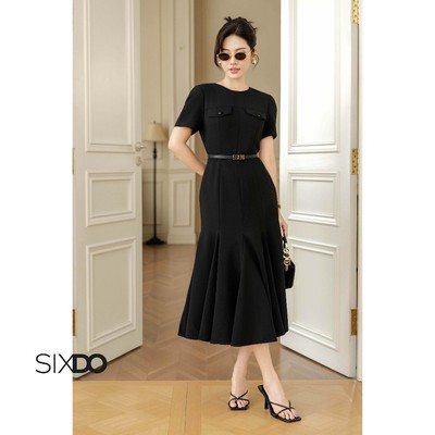 Đầm đen dáng xòe cổ tròn ngắn tay SIXDO (Black Woven Flared Dress)