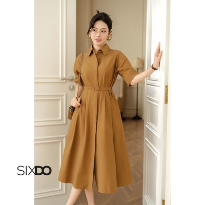 Đầm sơ mi dáng xòe tay lửng kèm đai eo SIXDO (Yellowish-brown Raw Flared Dress)