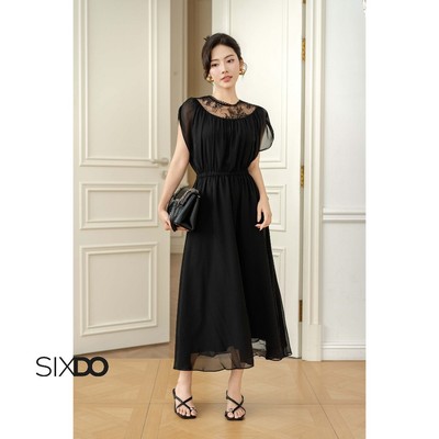 Đầm chiffon dáng xòe phối ren cổ SIXDO (Black Chiffon Flared Dress)