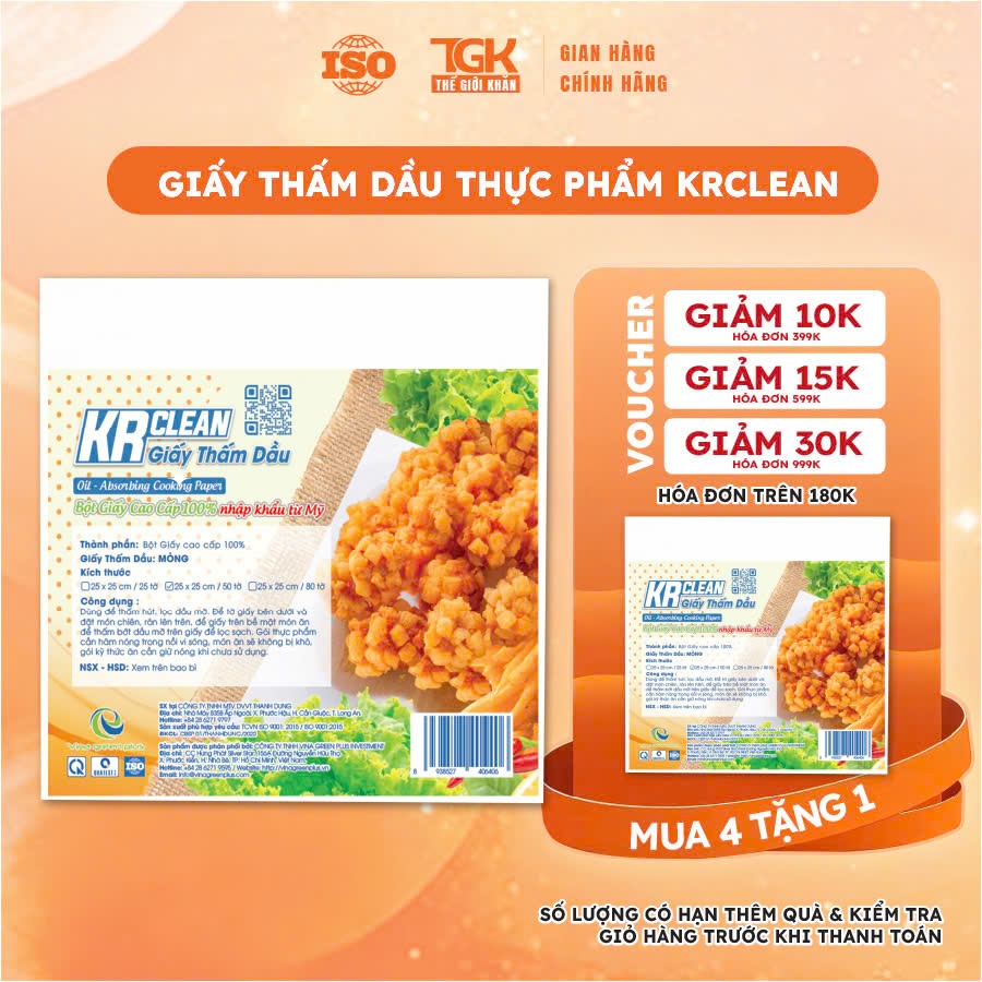 Giấy thấm dầu thực phẩm KRCLEAN 80 tờ dày/mỏng - Giấy thấm hút dầu thức ăn, giảm chất béo, an toàn t