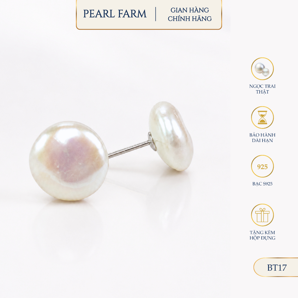 Bông Tai Nụ Ngọc Trai Dáng Dẹt Cỡ Lớn Thời Trang Pearl Farm