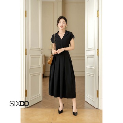 Đầm sơ mi chiffon tay hến dáng xòe SIXDO (Black Woven Flared Dress)