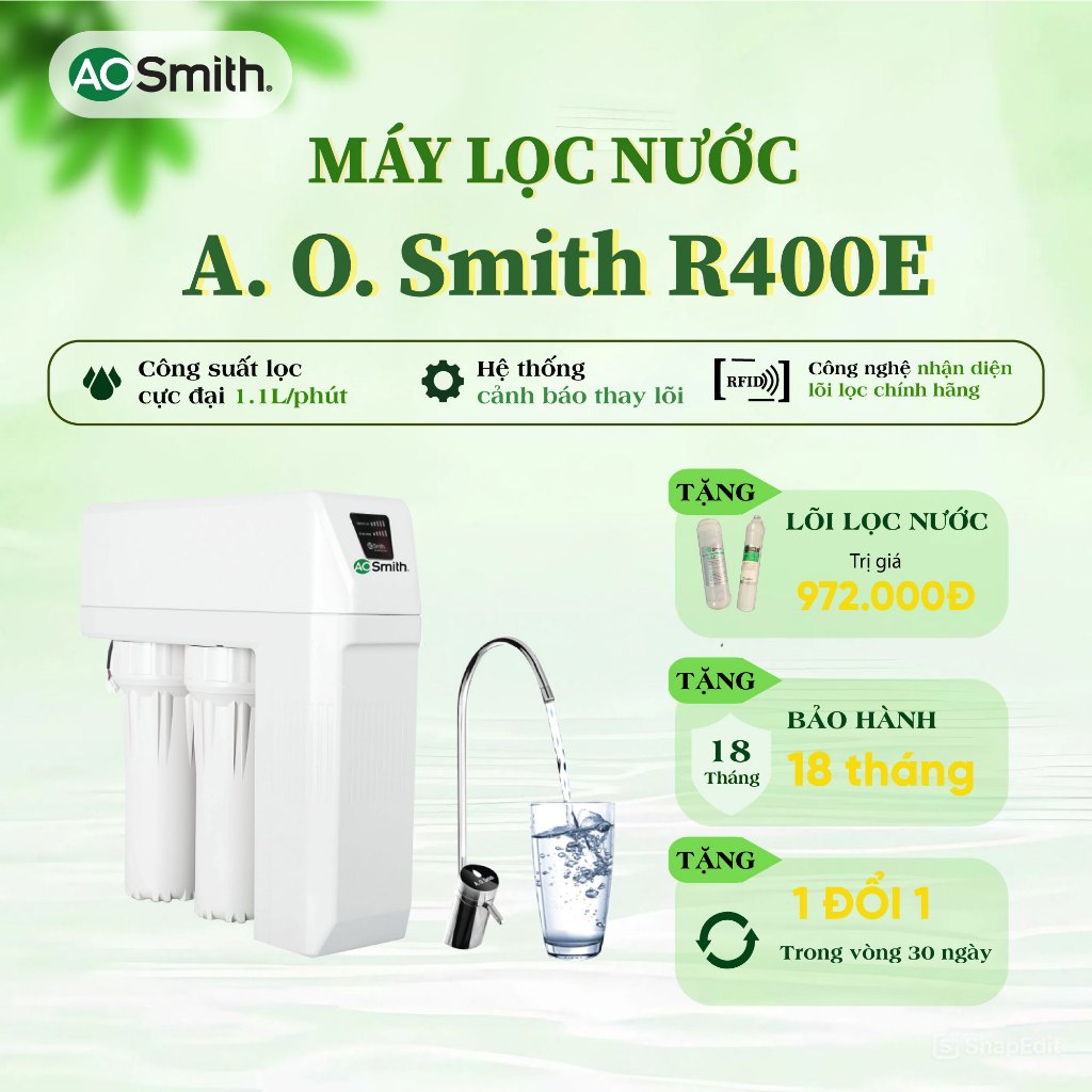 Máy Lọc Nước Đặt Gầm A. O. Smith R400E Siêu Mỏng, Công Suất Lọc 1.1L/p | AOSmith Hữu Hà