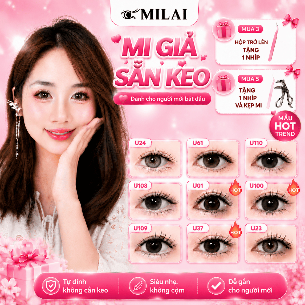 Mi giả sẵn keo MILAI đa dạng kiểu dáng Mua 3 hộp tặng nhíp, mua 5 hộp tặng nhíp và kẹp mi