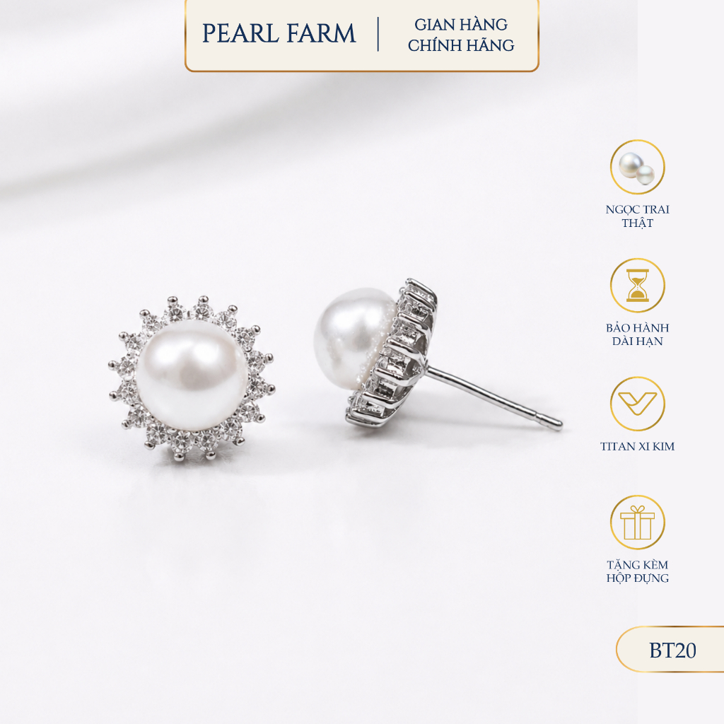 Bông Tai Ngọc Trai Dáng Bông Tuyết Chất Liệu Titan Xi Kim Pearl Farm