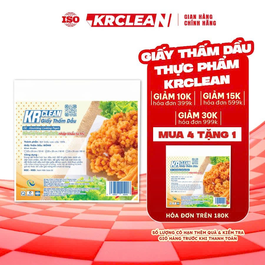 Giấy Thấm Dầu Thực Phẩm KRCLEAN 15x20/25x25cm - Giấy Thấm Dầu Đồ Ăn, Thịt Cá Chiên Rán, An Toàn Tiếp