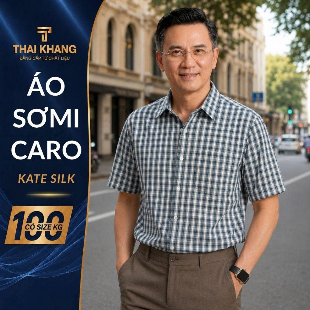 Áo sơ mi nam caro THÁI KHANG loại áo sơ mi ngắn tay trung niên vải kate mềm mịn form rộng classic ATK41