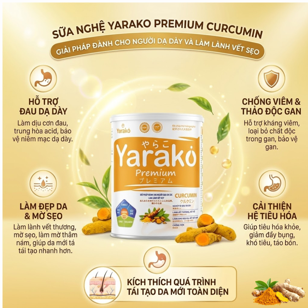 Sữa Nghệ Yarako Premium Curcumin - Dinh Dưỡng Cho Người Đau Dạ Dầy, Làm Lành Vết Sẹo 400g/900g