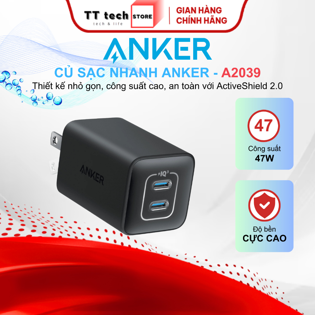 Củ Sạc Nhanh Anker Nano 3 - A2039 47W, 2 USB-C GaN II, Sạc Nhanh PD / PPS, Nhỏ Gọn Và An Toàn