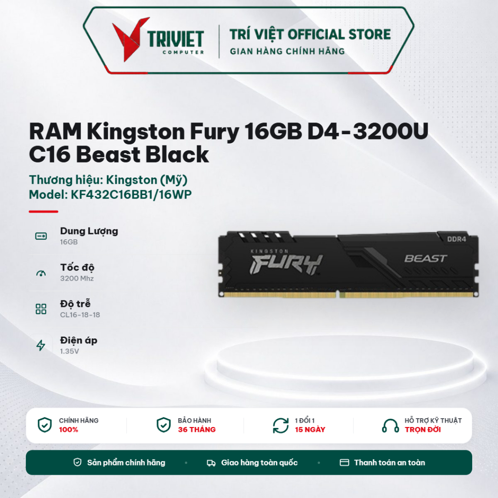RAM Kingston Fury 16GB D4-3200U C16 Beast Black (KF432C16BB1/16WP) Tản Nhiệt Đen