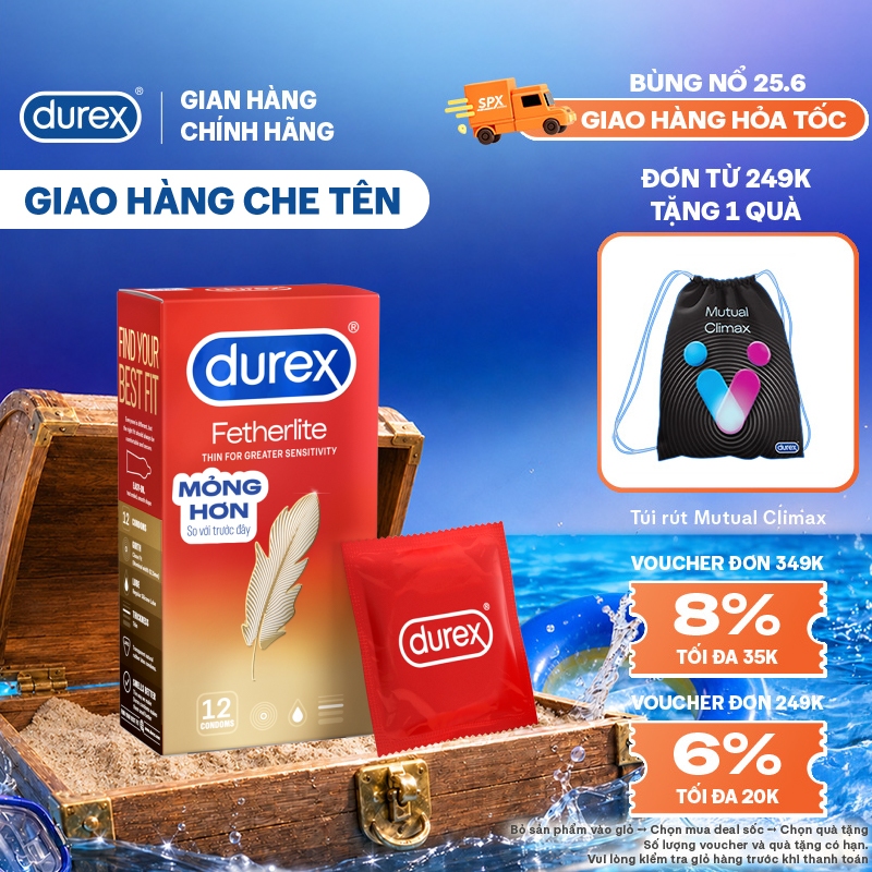 Bao cao su Durex Fetherlite siêu mỏng, size 52.5mm, 12 bao/hộp