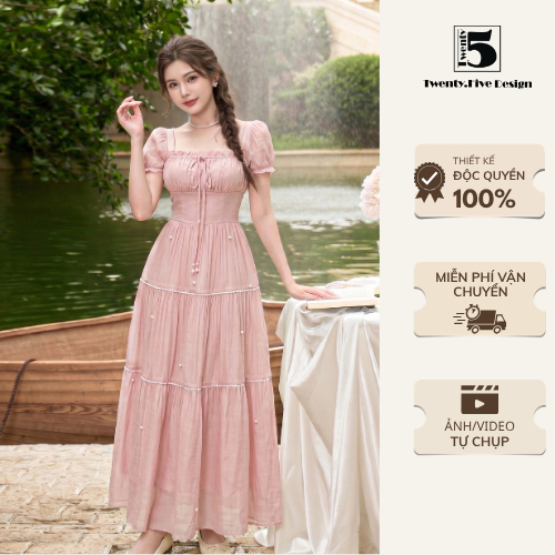 Đầm nữ ngắn tay cổ vuông dáng dài tay bồng tiểu thư dịu dàng- Twentyfive Design DL99