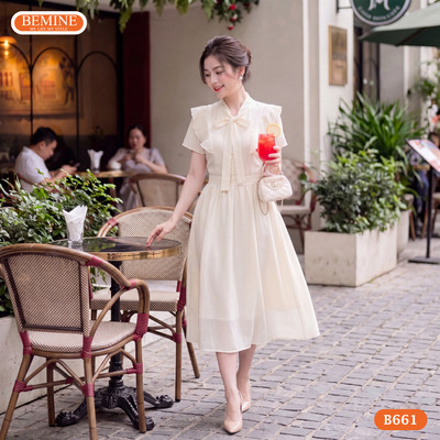 Đầm thiết kế BEMINE cổ trụ có dây nơ liền dáng xòe dài phù hợp đi chơi-B661