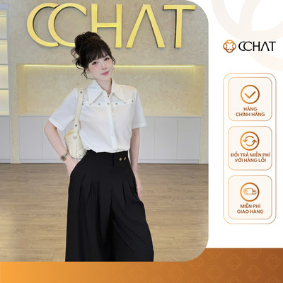 Áo Sơ Mi Nữ 𝐂𝐂𝐇𝐀𝐓 Dáng Suông Atelier Fiora Đính Khuy Trang Trí Chất Liệu Thô Bamboo Cao Cấp 16FNT9130ST