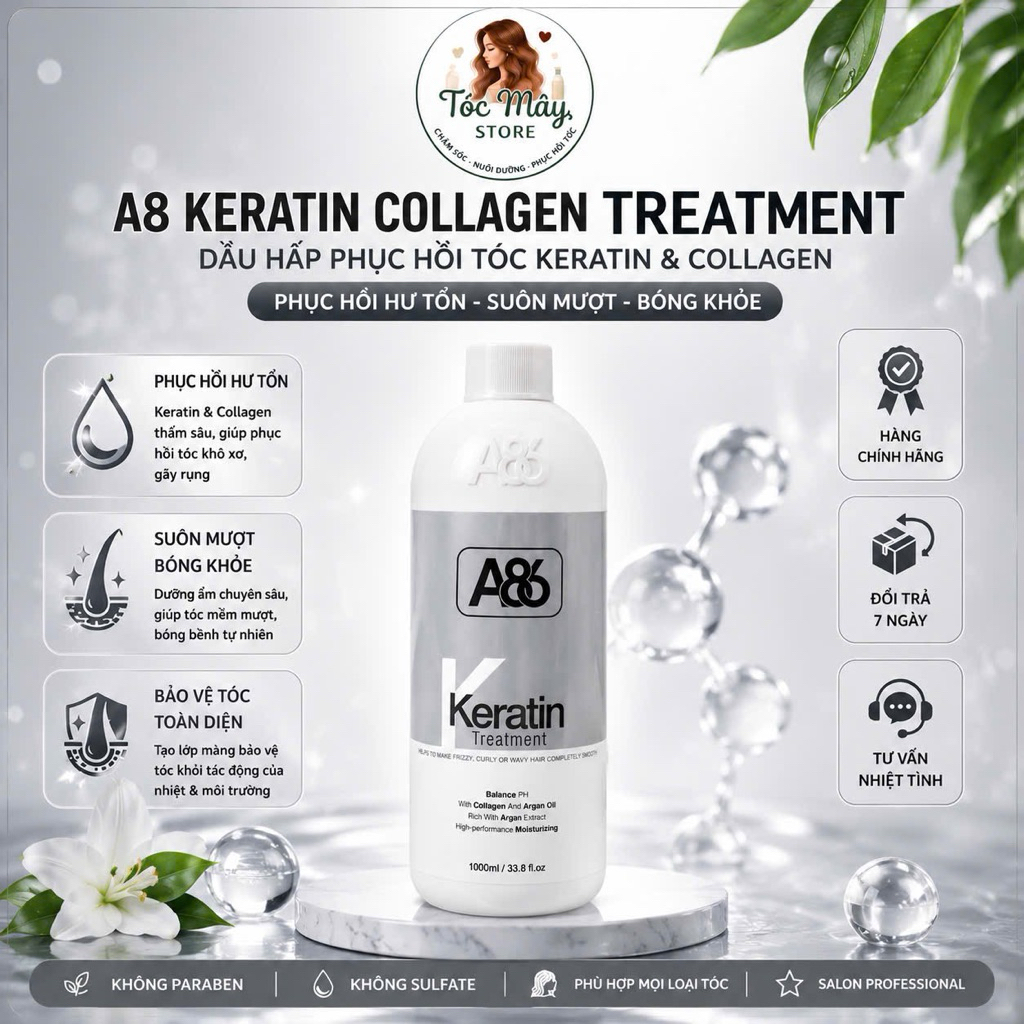 A8 Keratin Collagen Treatment 1000ml - Hấp Dầu Phục Hồi Tóc Hư Tổn, Dưỡng Tóc Mềm Mượt Bóng Khỏe Chu