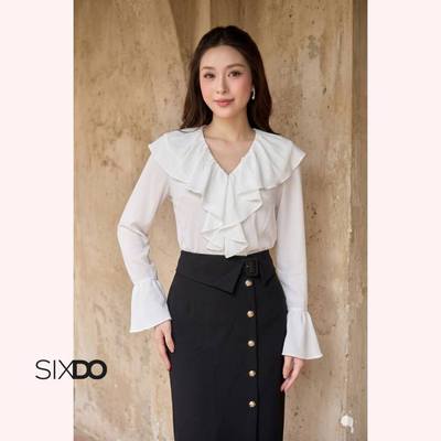 Áo lụa nữ trắng phối bèo SIXDO (White Silk Blouse)