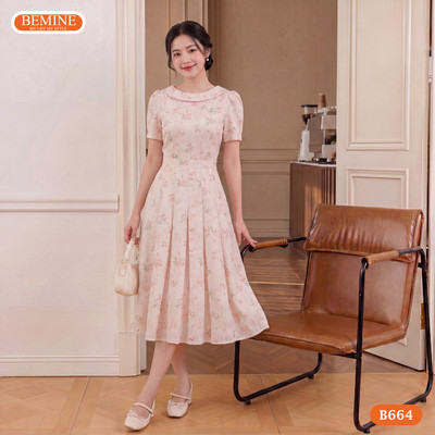 Đầm thiết kế BEMINE cổ trụ in hoa dáng dài tùng xếp ly phù hợp đi chơi-B664