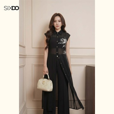 Áo sơ mi voan họa tiết đen công sở SIXDO (Black Graphic Chiffon Blouse)