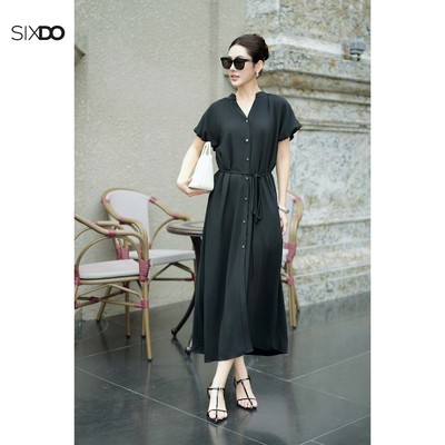Đầm suông cổ tàu ngắn tay SIXDO (Black Woven Loose Dress)