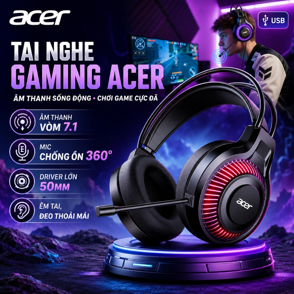 Tai Nghe Gaming Acer OHW303, Âm Thanh 7.1, Driver 50mm, Mic Chống Ồn, Đèn RGB Mic 360°, Đeo Êm, Dây 