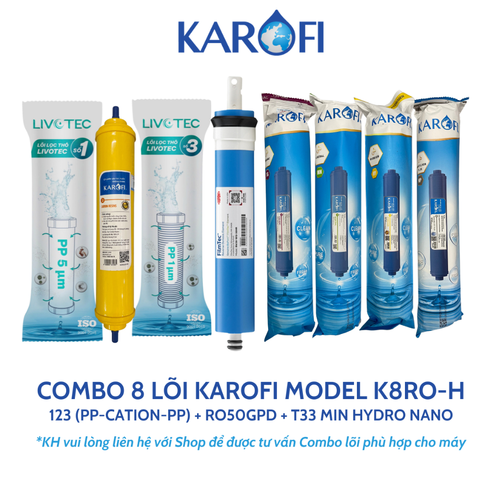Combo 8 Lõi Lọc Nước Karofi Gồm Lõi 123 (Lõi 2 Cation Nhỏ) - Màng RO Dupont 50GPD - 4 Lõi Chức Năng 
