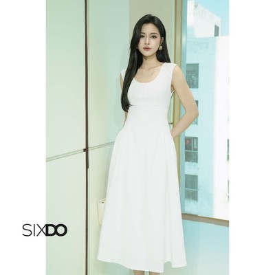 Đầm dáng xòe dài sát nách cổ tròn SIXDO (White Woven Flared Dress)
