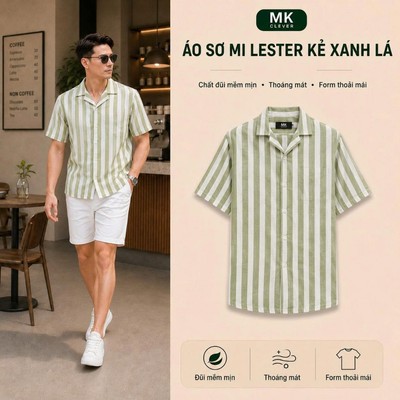 Áo sơ mi kẻ sọc màu xanh lá nam Lester MK CLEVER chất đũi thô, thoáng mát, chống nhăn, form rộng hằng ngày