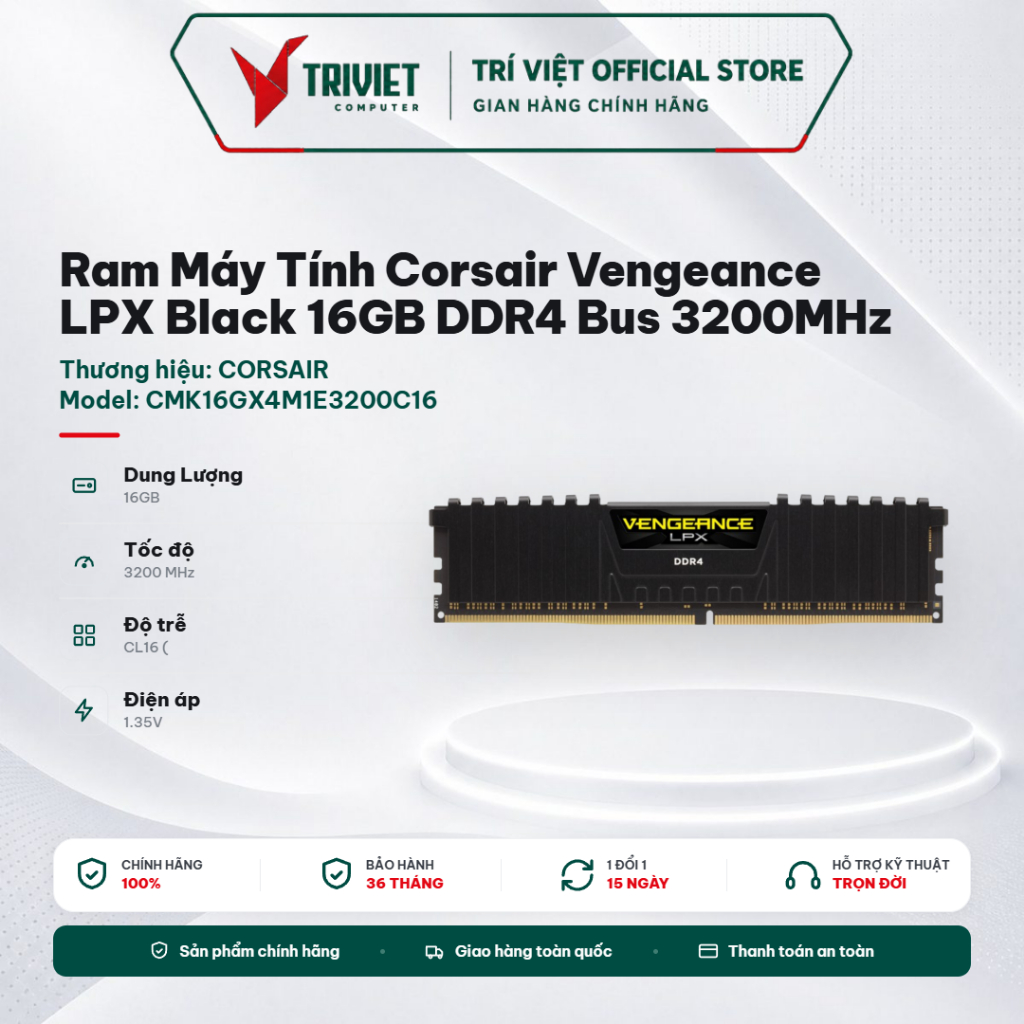Ram Máy Tính Corsair Vengeance LPX Black 8GB, 16GB DDR4 Bus 3200MHz (CMK8GX4M1E3200C16, CMK16GX4M1E3