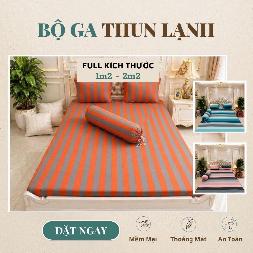 Bộ 4 Món , Drap Thun Lạnh Hàn Quốc , Ga Trải Giường Thun Lạnh Họa Tiết Sọc Caro Size Từ 1m2 - 2m2