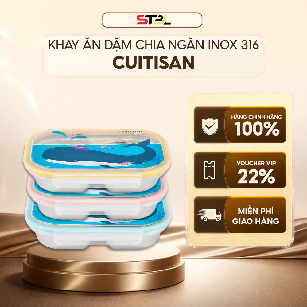 Khay ăn dặm 3 ngăn inox 316 Cuitisan kháng khuẩn vượt trội an toàn cho bé EC10-204 SNT KITCHEN
