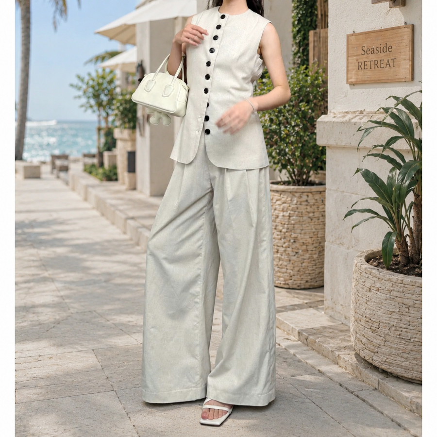 Quần ống rộng nữ LINA quần nữ cạp cao ống suông dài 105cm chất cotton cao cấp thoải mái đi biển, đi chơi - T10 | BigBuy360 - bigbuy360.vn