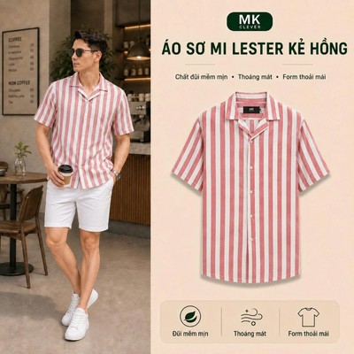 Áo sơ mi kẻ sọc màu hồng cho nam Lester MK CLEVER chất đũi thô, thoáng mát, chống nhăn, form rộng hằng ngày