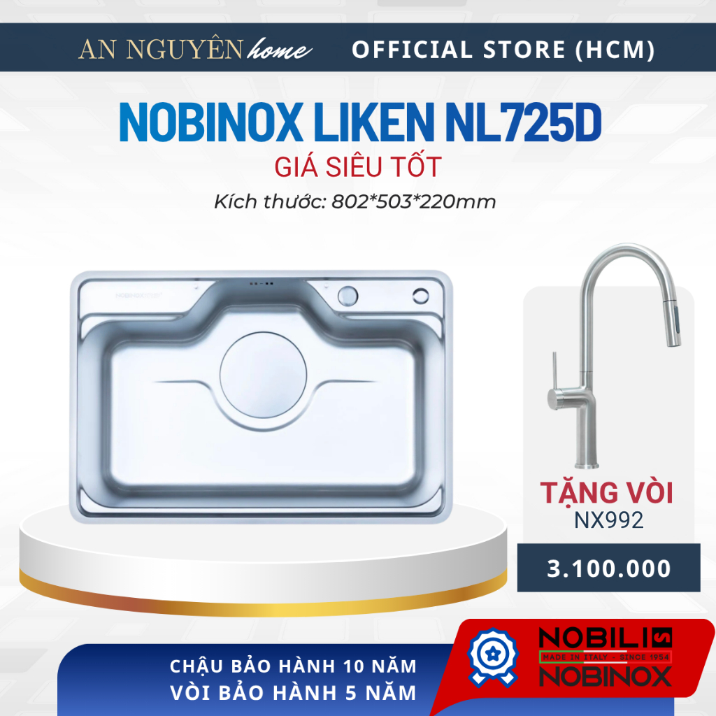 Chậu Nobinox Liken NL725D đầy đủ phụ kiện + Vòi Nóng Lạnh Kéo Rút