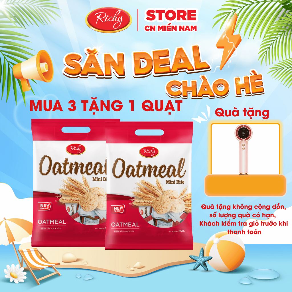 [MUA 3 TẶNG 1 QUẠT] Combo 2 Bánh Yến Mạch Oatmeal Richy Vị Sữa (250g/Túi)