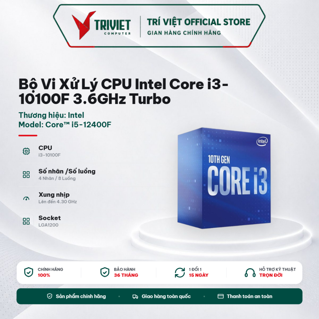 Bộ Vi Xử Lý CPU Intel Core i3-10100F 3.6GHz Turbo 4.3GHz 4 Nhân 8 Luồng Socket LGA1200 Kèm Quạt
