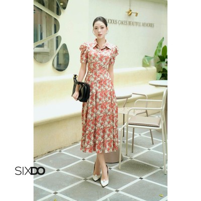 Đầm hoa xòe ngắn tay SIXDO (Cream Floral Silk Flared Dress)