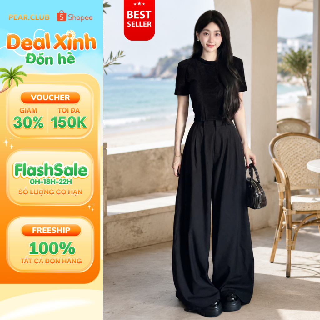 Quần ống rộng nữ LINA quần nữ cạp cao ống suông dài 105cm chất cotton cao cấp thoải mái đi biển, đi chơi - T10