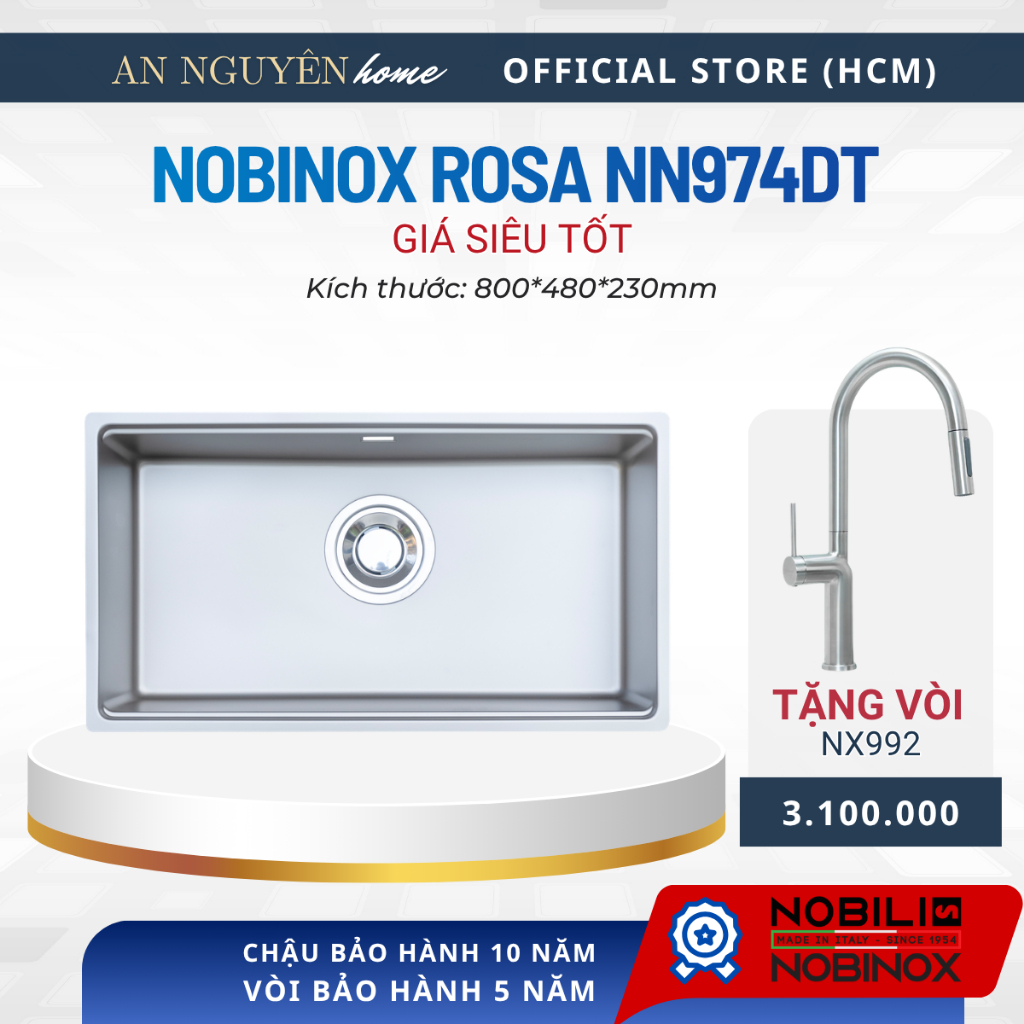 CHẬU RỬA BÁT 1 HỐ NOBINOX ROSA NN974DT + Vòi Kéo Rút Nóng Lạnh Chính Hãng