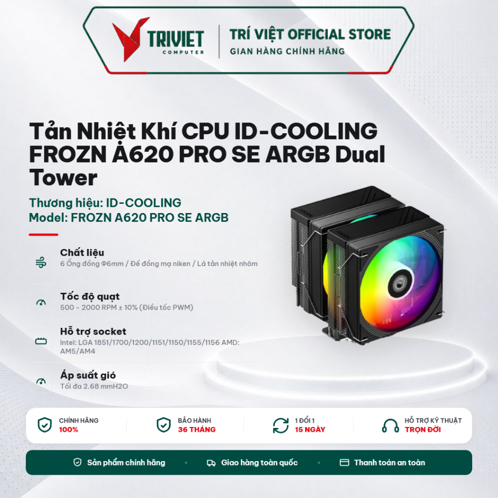 Tản Nhiệt Khí CPU ID-COOLING FROZN A620 PRO SE ARGB Dual Tower 6 Ống Đồng Hỗ Trợ Intel AMD