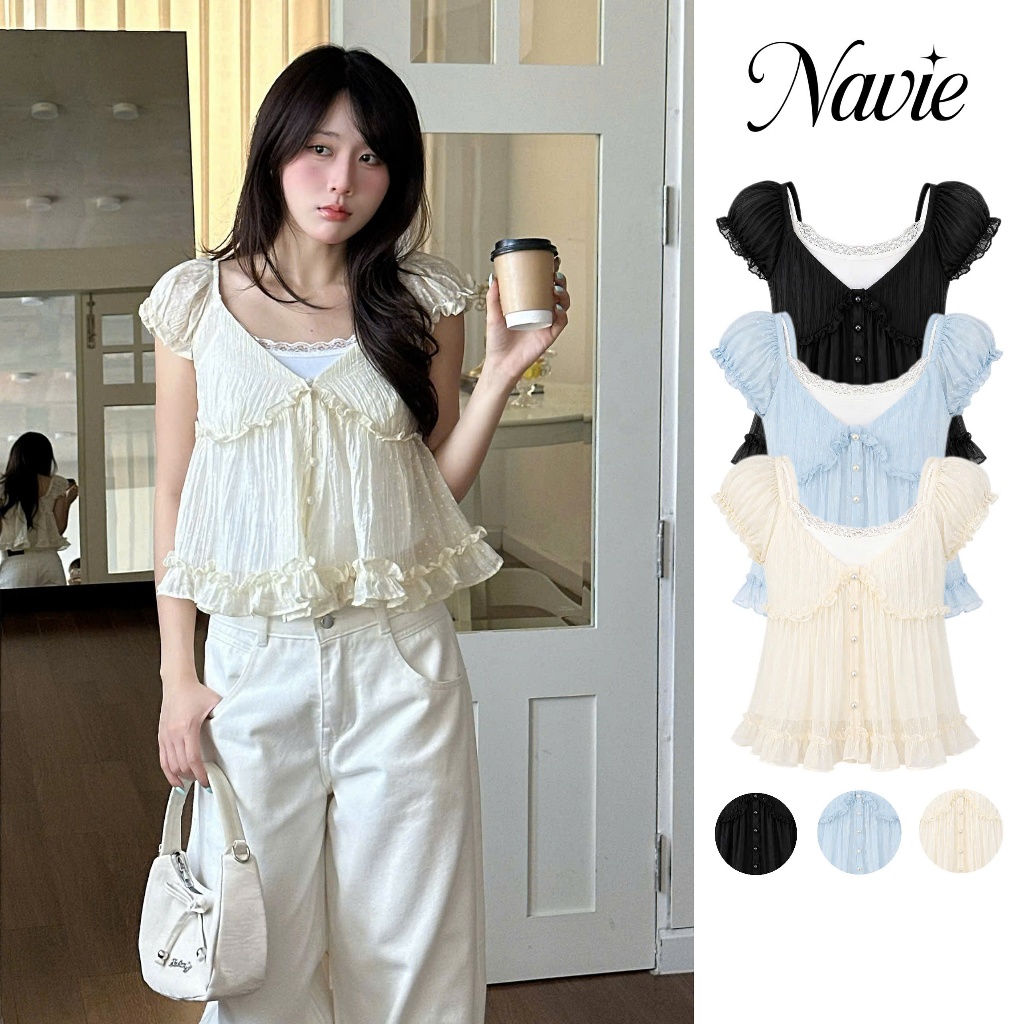 NAVIE X KURV (CÓ BIGSIZE) - (TẶNG KÈM ÁO 2 DÂY TRẮNG) Áo babydoll voan WINKY phối bèo thời trang nữ | BigBuy360 - bigbuy360.vn