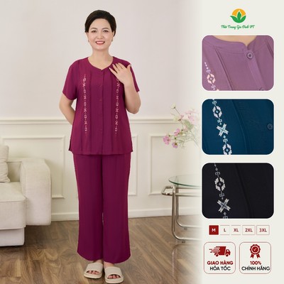 Bộ lanh mở cúc trung niên Việt Thắng, quần dài, áo cộc tay, cổ tàu thêu - B28.5023