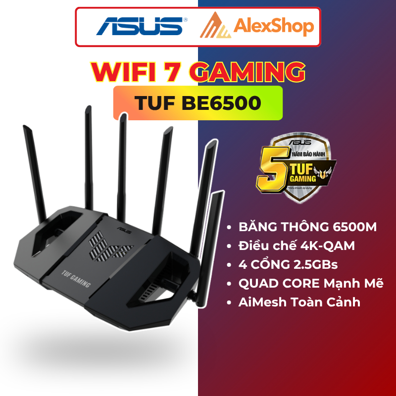 [BE6500] Phát Wifi 7 Asus TUF-BE6500 Gaming, 4 Cổng 2.5G, Quad Core, 256MB Flash