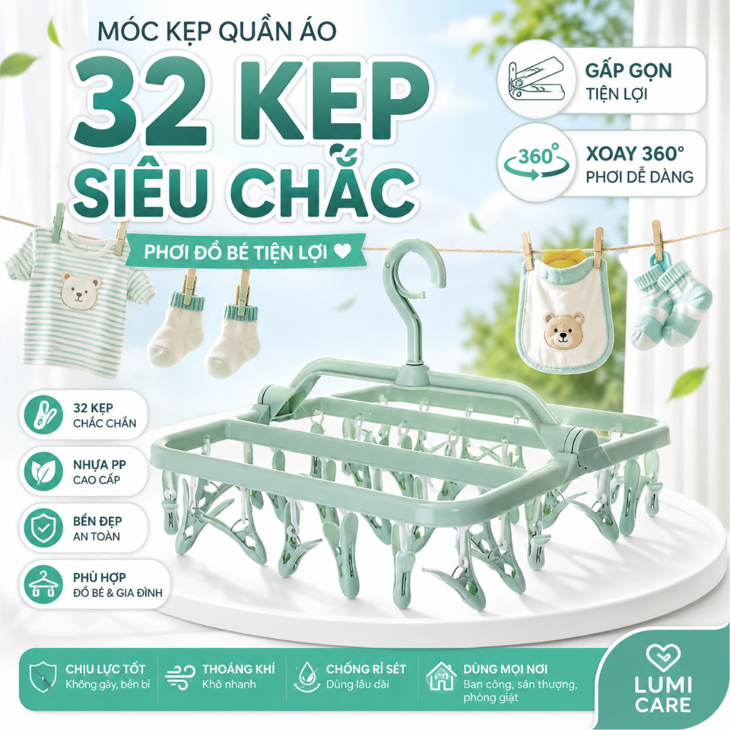 Móc Kẹp Quần Áo 32 Kẹp Phơi Quần Áo Tất Cho Bé Chắc Chắn Bền Đẹp Lumi Care - HT744 - HT841