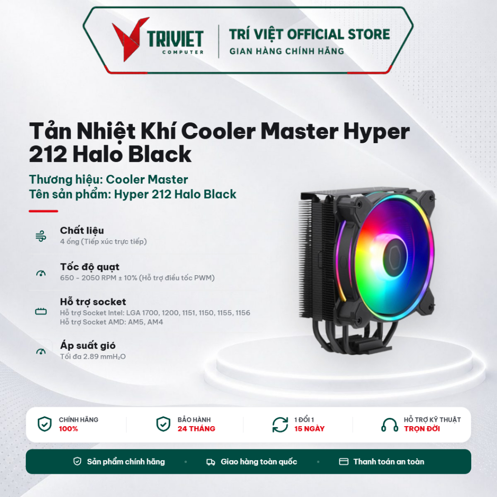 Tản Nhiệt Khí Cooler Master Hyper 212 Halo Black - CPU Air Cooler ARGB 1 Tháp 1 Fan Hiệu Năng Cao Hỗ