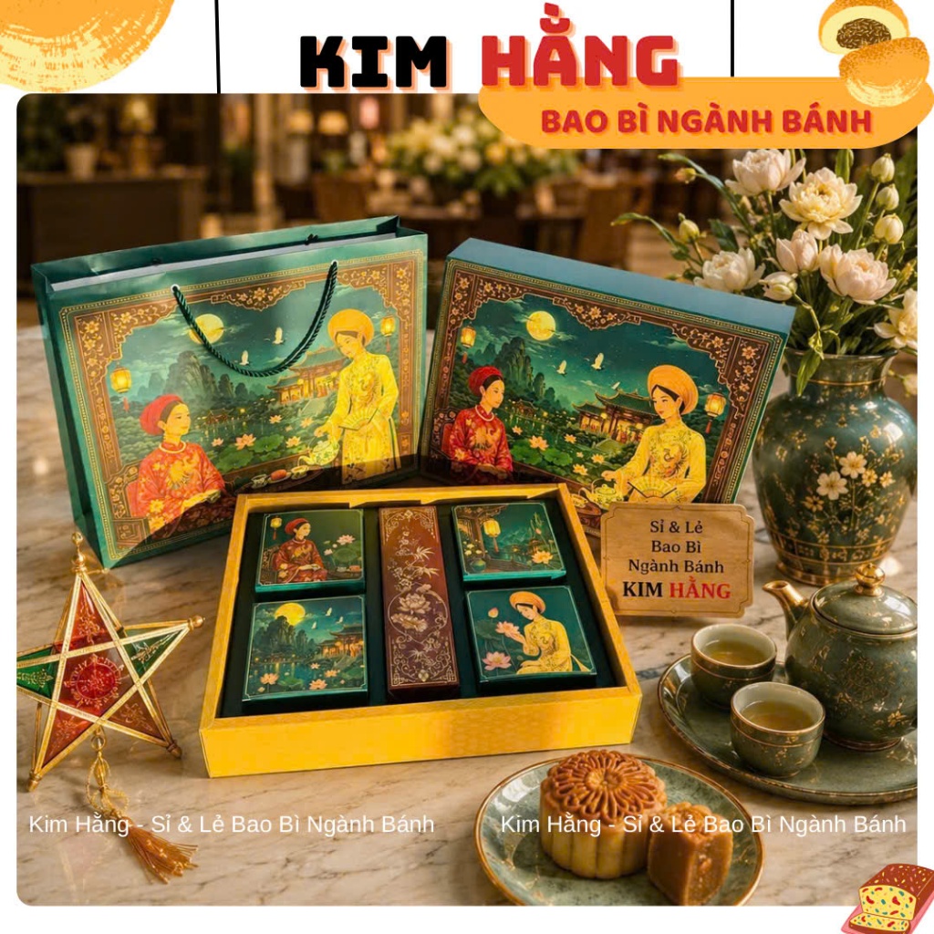 Hộp đựng 4 Bánh Trung Thu 1 Hộp Trà NGUYỆT NƯƠNG - Hộp đựng 4 bánh trung thu 150gr - 250gr  . Mẫu mớ