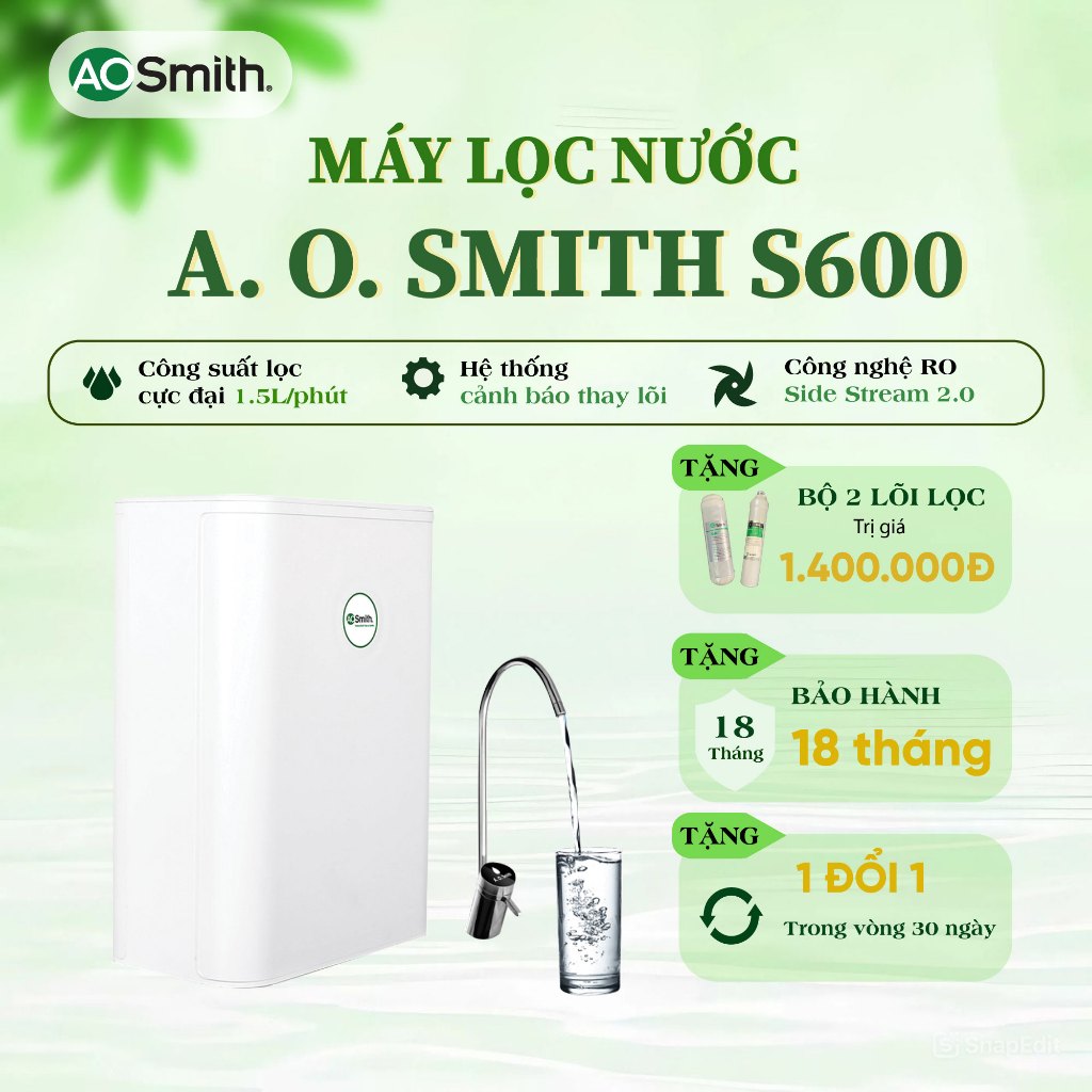 Máy Lọc Nước Đặt Gầm A. O. Smith S600 - Công Suất Lớn 1,5L/p | AOsmith Hữu Hà