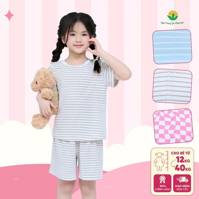 Bộ cộc tay bé gái chất cotton dệt kim kẻ sọc màu thời trang Việt Thắng - B63.6100TE