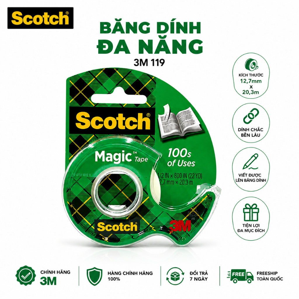 Băng dính kì diệu Scotch 3M 119 - Kích thước: 12,7mm x 20,3m - Nhập khẩu bởi 3M Việt Nam